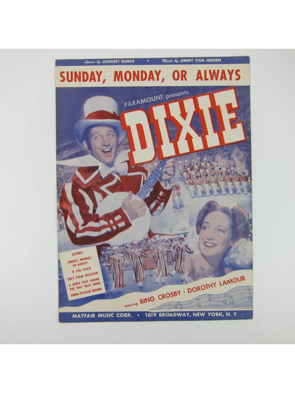 Sheet Music Sunday Monday Always Dixie Bing Crosby Dorothy Lamour Vintage 1943